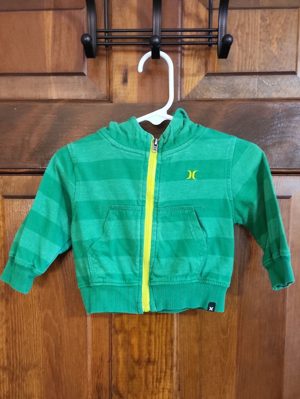Kids Hurley Green Striped Hooded Zip-Up with Yellow Trim (Size 6 Month)